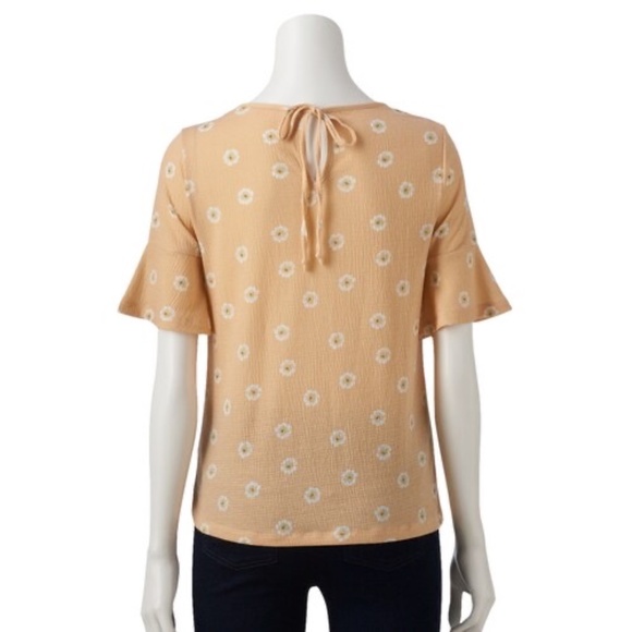 LC LAUREN CONRAD Petite Top Floral Bell Sleeve Tie-Back Peach - Picture 2 of 4